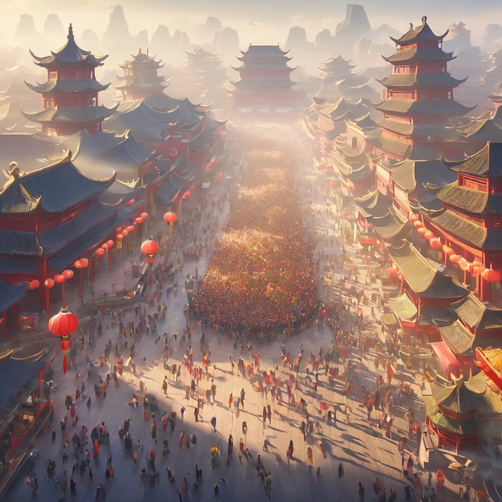 City ,Bustling crowds of people Chinese style,Grand ,Top view