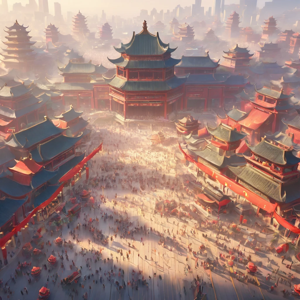 City ,Bustling crowds of people Chinese style,Grand ,Top view