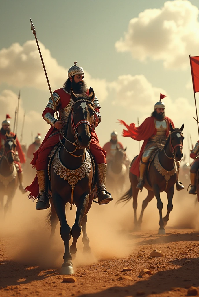 A dynamic battlefield scene from the First Battle of Tarain in 1191. Prithviraj Chauhan, in traditional Rajput armor, is on horseback leading a fierce charge against Muhammad Ghori's forces. Ghori, also on horseback, is shown in the midst of battle, struggling to defend himself. The scene is filled with the chaos of battle: soldiers clashing with swords, dust rising from the ground, and flags fluttering. The background is a dry, rugged landscape with a clear sky, capturing the intensity of the battle