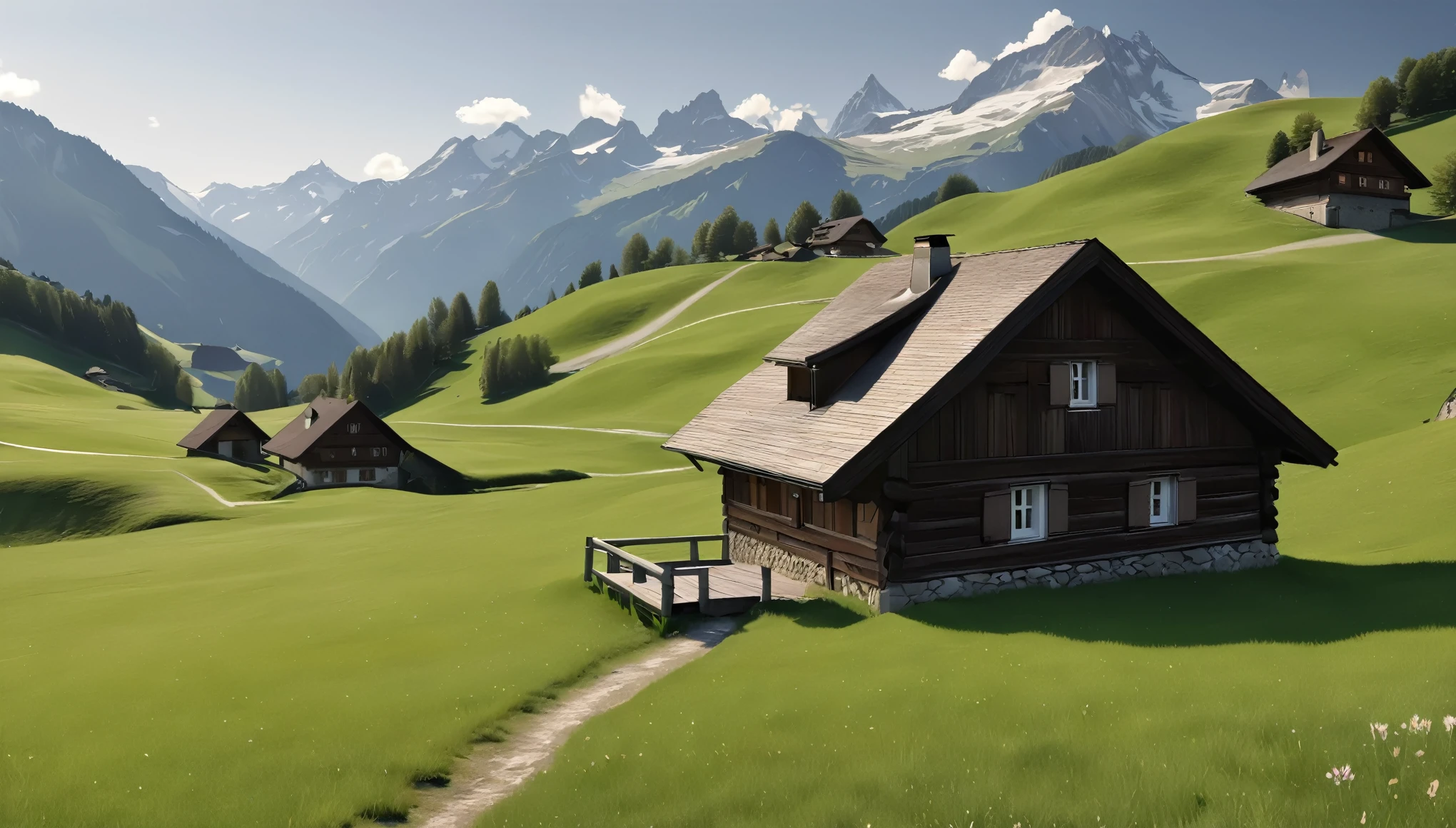 Alpine Village,Switzerland, Grasslands rich in nature, the way, spring, Daytime, (Highest quality,4K,8k,High resolution,masterpiece:1.2),Very detailed,(Realistic,photoRealistic,photo-Realistic:1.37),High resolution,超High resolution,Studio Lighting,Vibrant colors,Professional