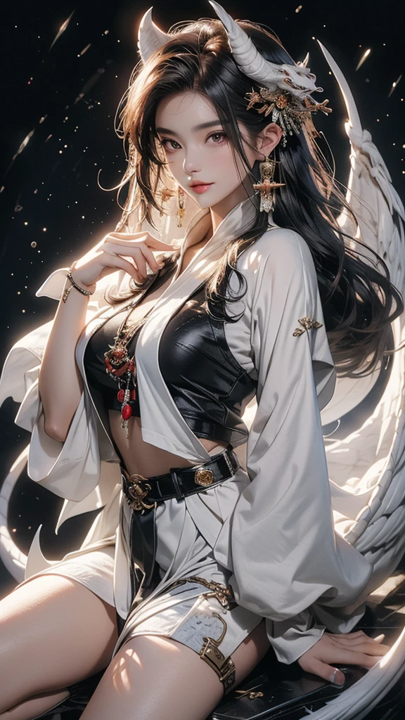 best quality,masterpiece,Ultra-high resolution,photoactual:4:0,Yamagishi,white dragon tiger beast,Teacher spirit,Handsome and handsome,oriental man,long hair shawl,Perfect body,Wearing dragon and tiger jersey,