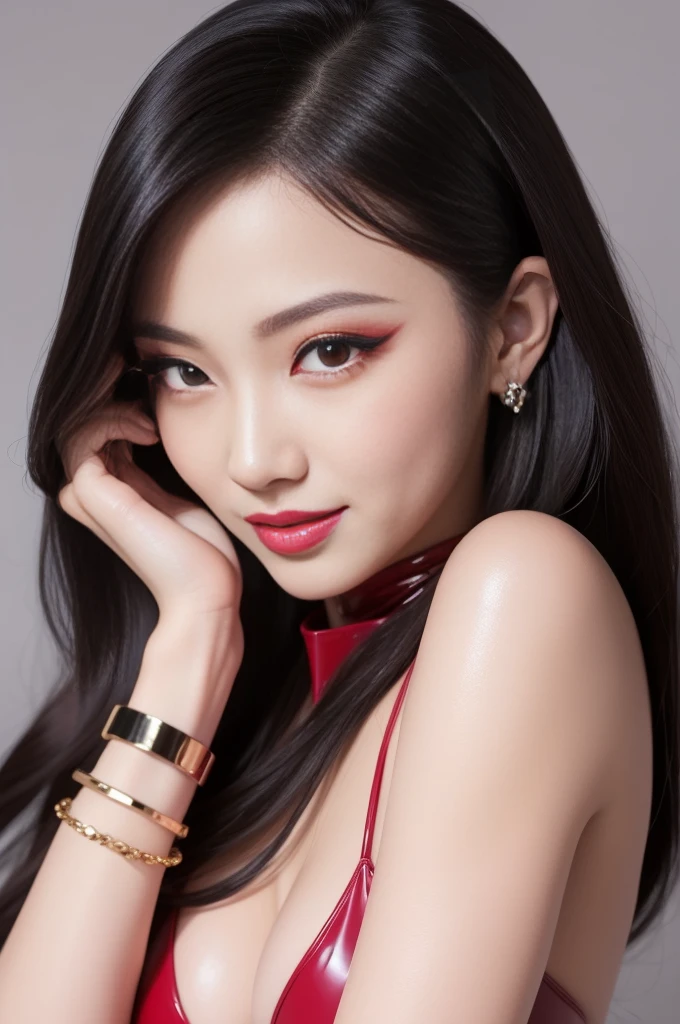 nsfw、sexy asian fashion model、glossy lipstick、smiling face、defined eyebrows、ultra detailed drama makeup、eyelashes、full body Esbian、ultra detailed latex business dress、latex bracelets、Colorful hair