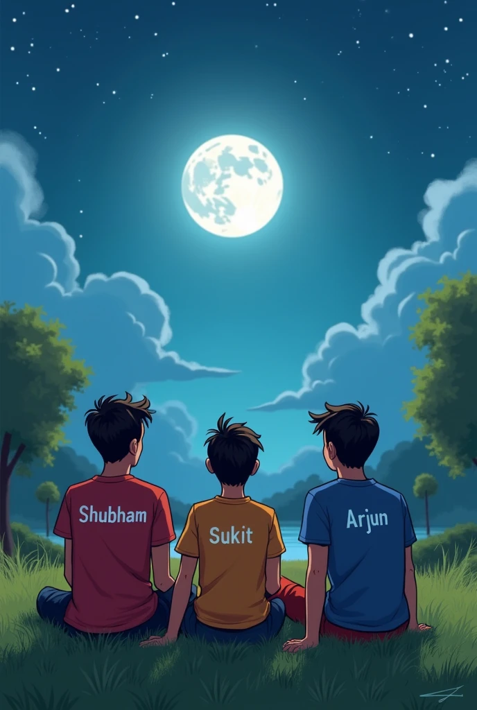 3 friends sitting on grass enjoying the view of the moon and the boy name is shubham written on the t shirt and another name is Sukit written on the t shirt and last name is Arjun