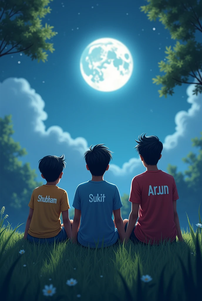 3 friends sitting on grass enjoying the view of the moon and the boy name is shubham written on the t shirt and another name is Sukit written on the t shirt and last name is Arjun
