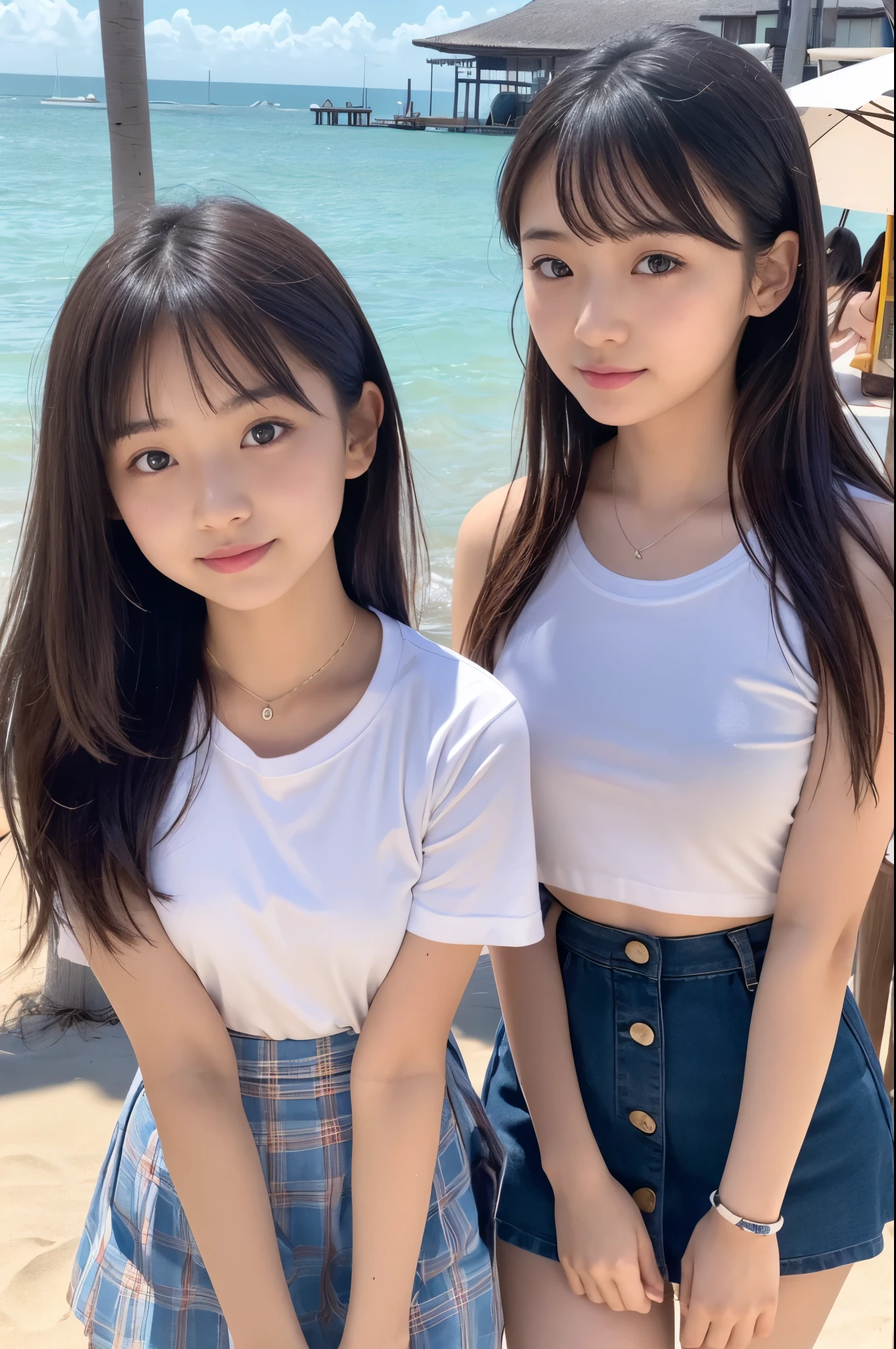 Two girls (21 years old, Japanese cute face) are wearing white Tshirts, mini skirt at the beach bar