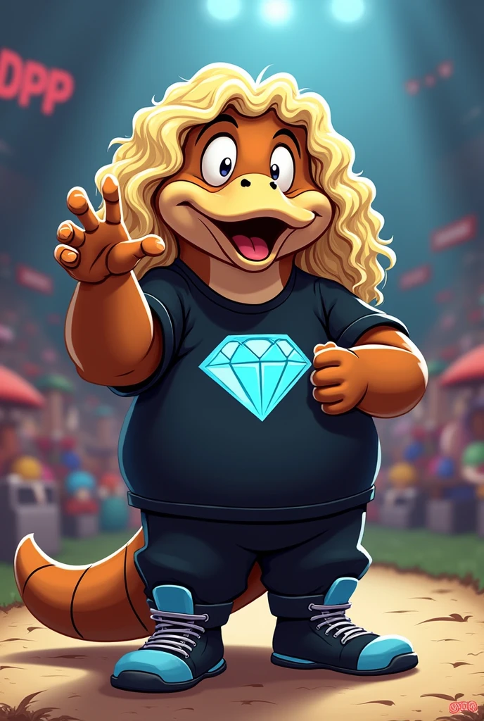 Cartoon platypus dressed like wcw wrestler Diamond Dallas Paige.  DDP

Cartoon Platypus head. Cartoon Platypus arms. Cartoon Platypus hands.  Cartoon Platypus feet. Cartoon Platypus tail. Cartoon Platypus face. Duck bill. Duck fest. Beaver tail

Long curly blonde hair. Short blonde mustache. Short brown beard. Black pants. Black T-shirt with a blue diamond. Hand gesture a diamond cutter symbol together.