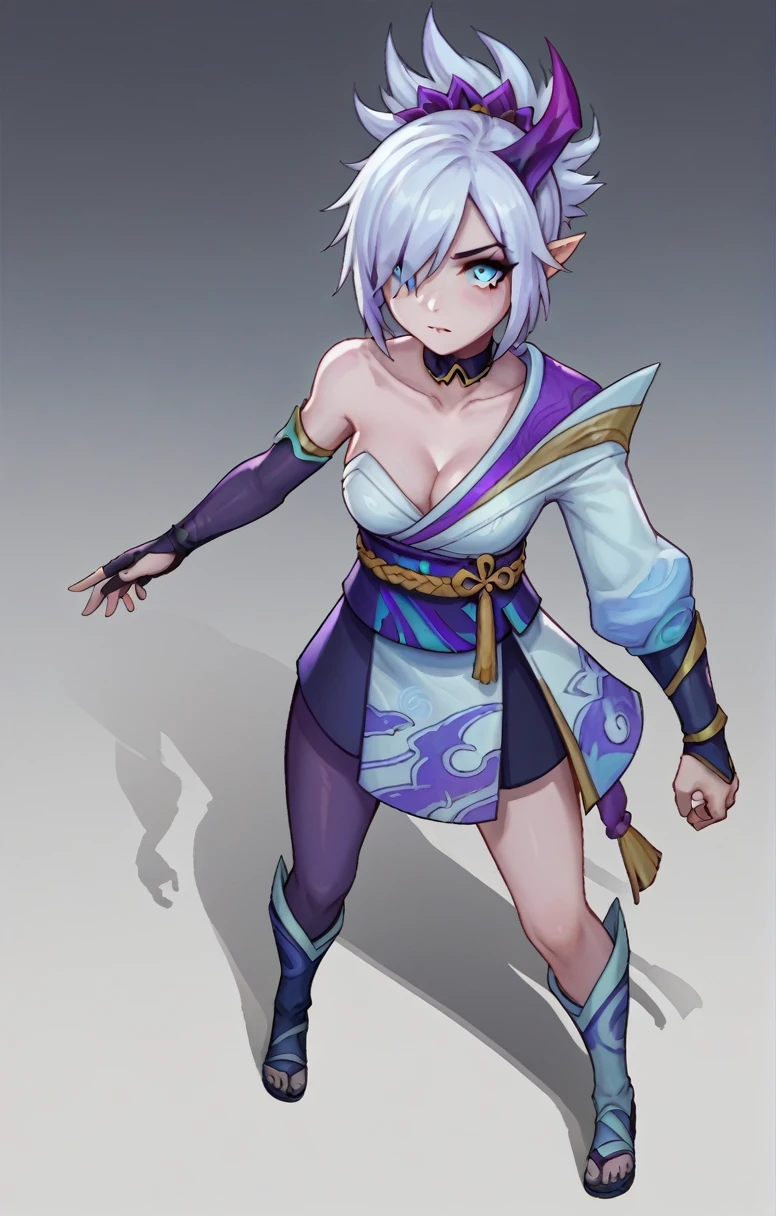 RivenSBXL, blue eyes, white hair, short hair, hair over one eye, sidelocks, single horn, hair ornament, pointy ears, medium breasts, black choker, collar bone, single bare shoulder, cleavage, white kimono, purple sash, multicolored sash, purple elbow gloves, fingerless gloves, purple pants, asymmetrical clothes, greaves, purple sandals, SakimiStyle
