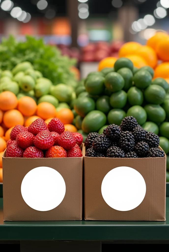 Create 2 supermarket cardboard boxes with lids, one box containing strawberries and the other box containing blackberries., and that they have on the back of the front of the box a white wheel as a label with nothing, just white color, and that the boxes are in the fruit section of the supermarket