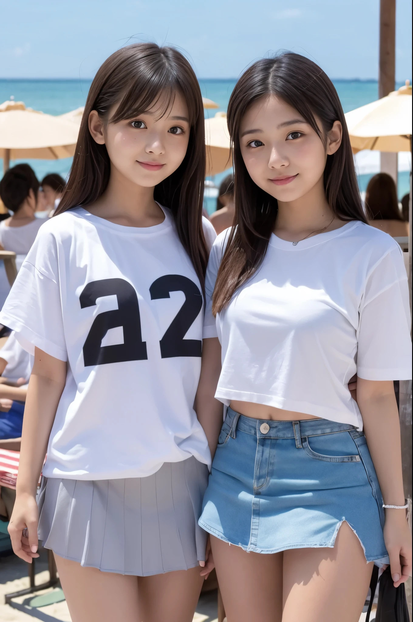 Two girls (20 years old, Japanese cute face) are wearing white Tshirts, mini skirt at the beach bar