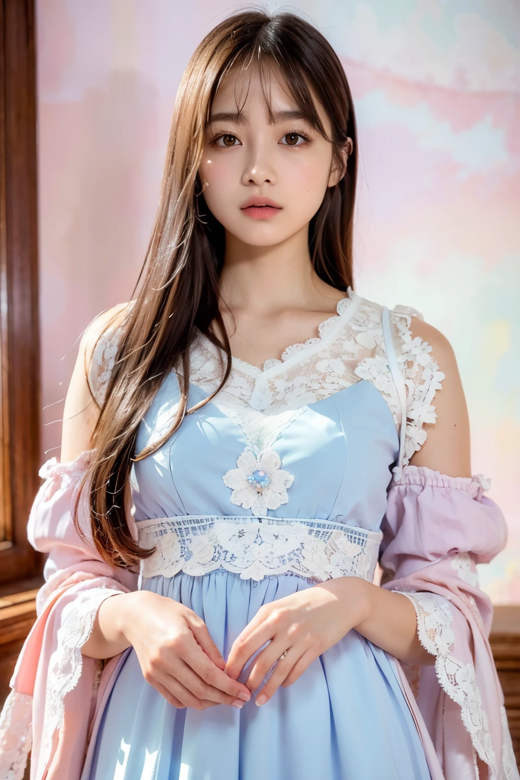 (masterpiece:1.4, best quality), (intricate details), unity 8k wallpaper, ultra detailed, (pastel colors:1.3), (lace) clothes, beautiful and aesthetic, 1girl, body covered in words, words on body, ink, detailed, solo,