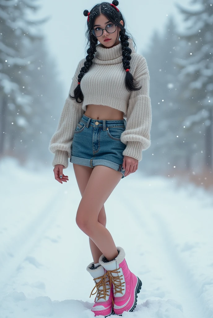 (Best Quality,High resolution:1.2), Ultra-detailed, Realistic portrait, hot Russian girl, pretty face, perfect long legs, full body, tiny waist. large breasts, standing, short skirt, half naked, pink and white snow boots, in the snow, large blue eyes, long black hair tied up with a ribbon, pigtails, tight high waist mini skirt, woolen socks, hair bangs, snowing, foggy, (large round black rimmed glasses),