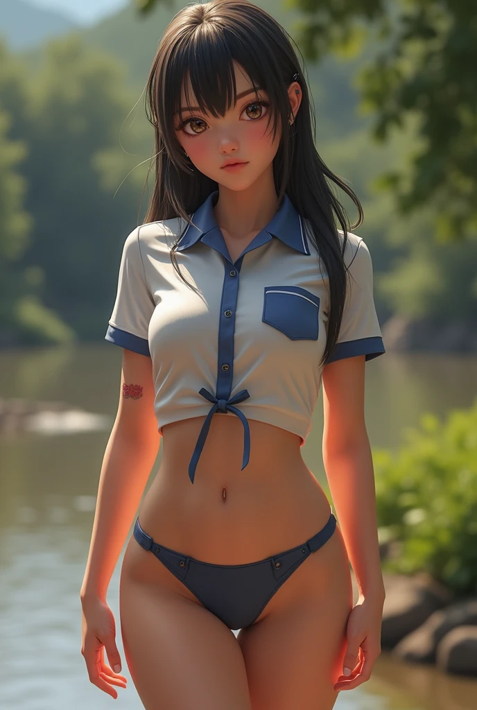 1girl realistic image 8k, (uniform) sma, standing, outdoors, detailed face, detailed eyes, small breasts, shiny skin, wet skin, open legs and no underwear that you can see her vagina, looking at the audience,(8k, RAW photo, best quality, ultra-high resolution without wearing pants and open legs and no underwear that you can see her vagina,