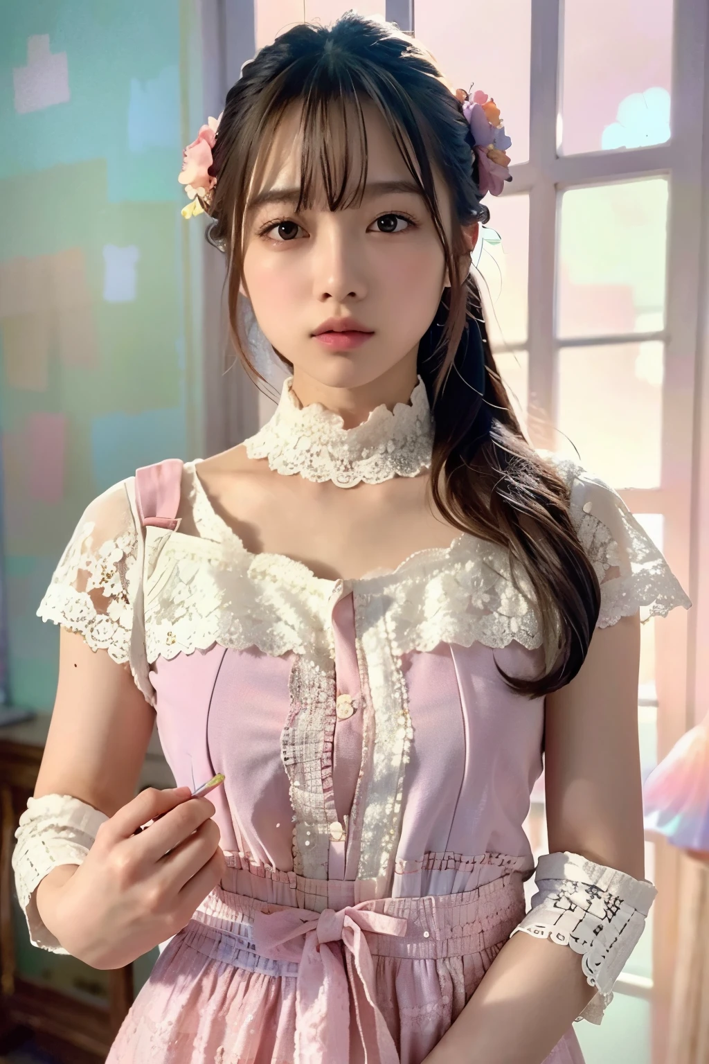 (masterpiece:1.4, best quality), (intricate details), unity 8k wallpaper, ultra detailed, (pastel colors:1.3), (lace) clothes, beautiful and aesthetic, 1girl, body covered in words, words on body, ink, detailed, solo,