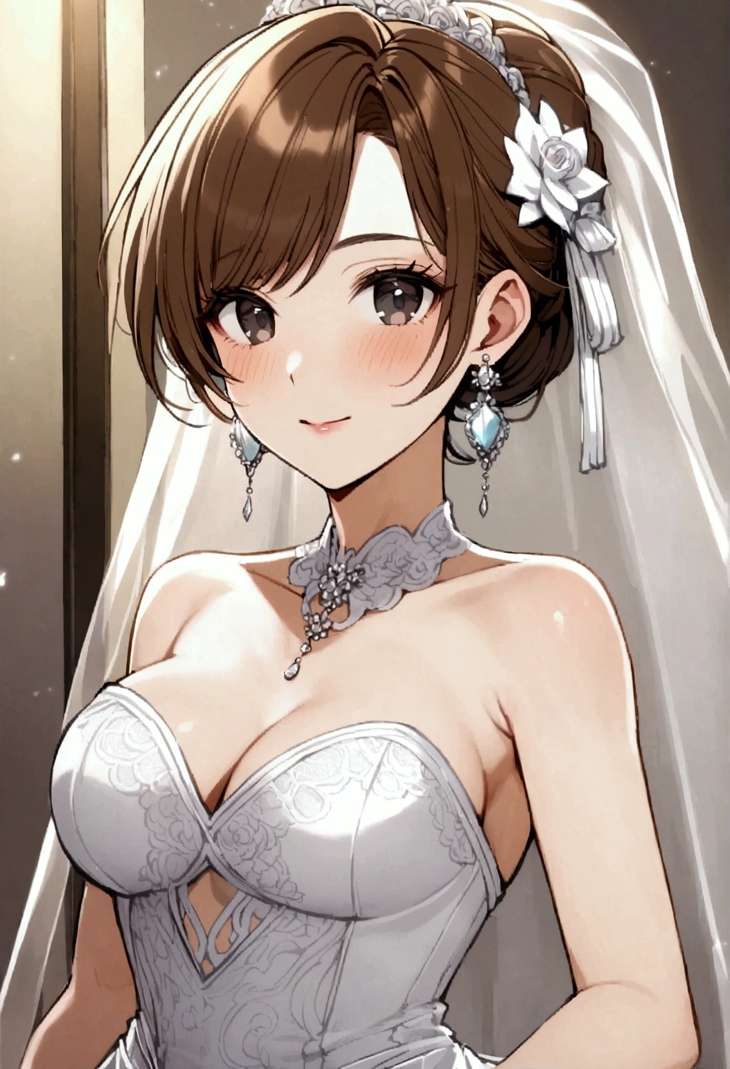 40 years old aunt, brown hair, bun, black eyes, white earrings, wedding dress