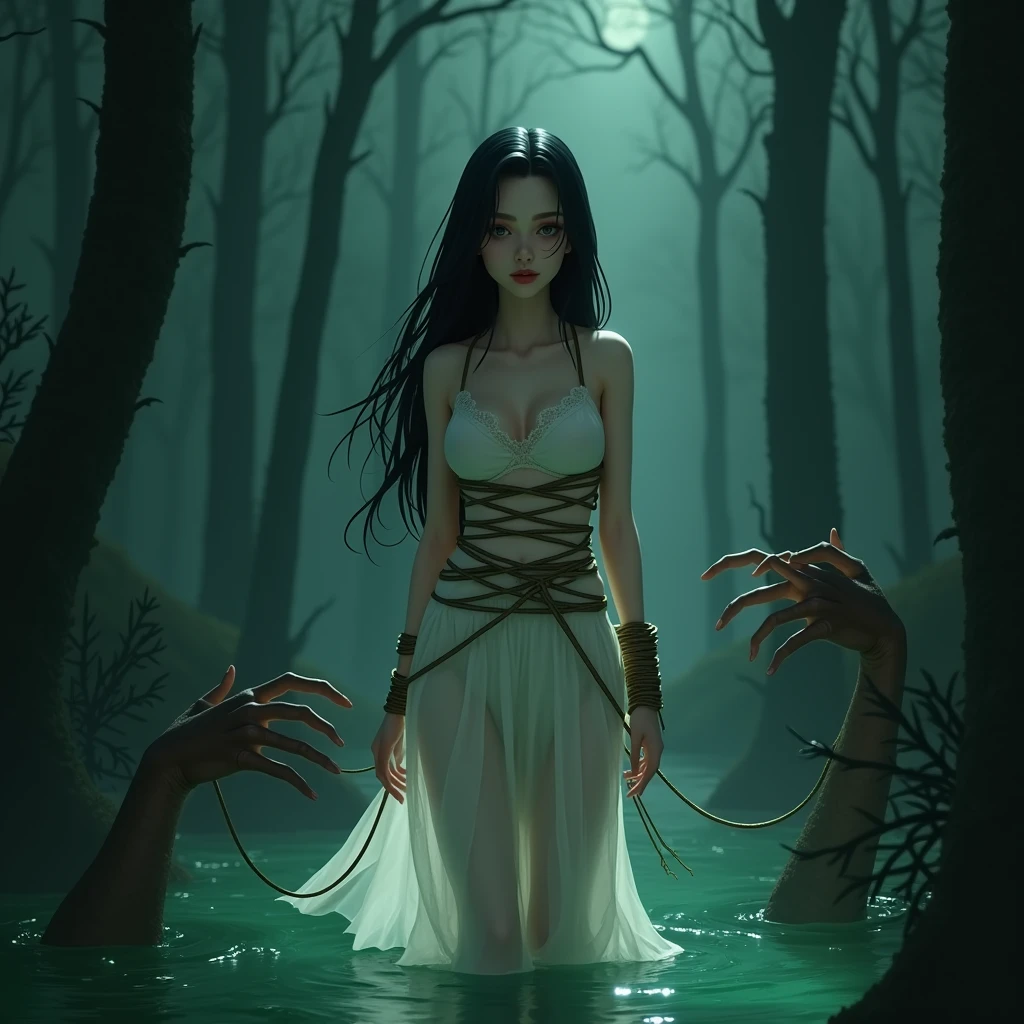 a young woman, delicate and beautiful woman with long, straight jet black hair, Porcelain skin, She is wearing a little transparent white dress, Her beautiful white skin shines. She is completely tied up ((his whole body tied up)) and the rope hangs his body, almost touching some green waters where some big hands emerge which eagerly wait to touch the woman, around there trees and fog, at night in a dark forest. animated art 