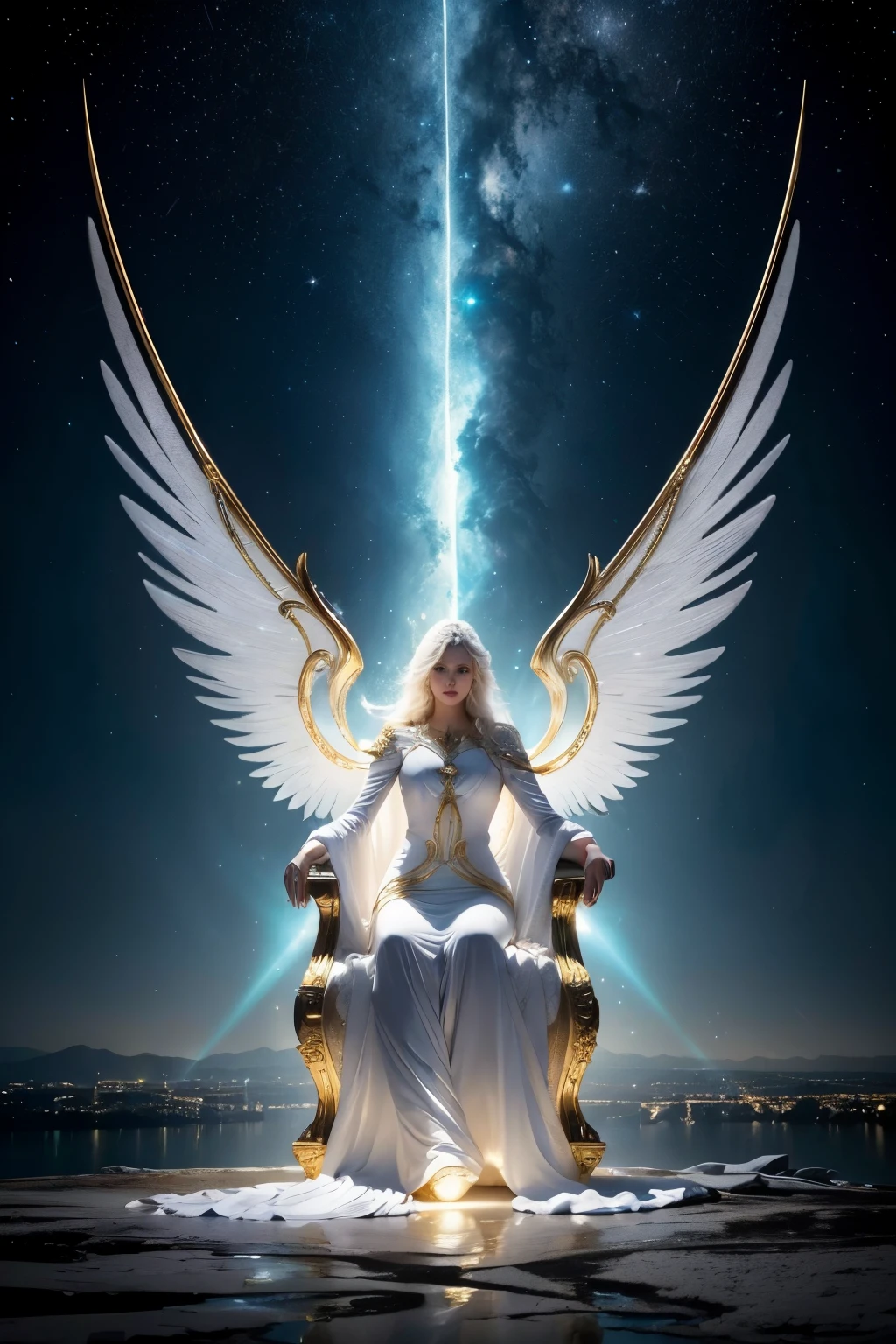 ((Fantastic)) ((sky landscape)) ((lights)) stele, heavenly, angels full of light, distant image, wings shining, emanating light, off white, golden, Streets of Gold, river of crystals, gem stones, distant humanoid figure, silhouette of a man of light, farthest clear daytime sky off white, +Ceu, river running in the middle of the holy city, great white throne, glorious White throne Much larger than the humanoid figure, high details, ((UHD, masterpiece, best quality, 8k))
