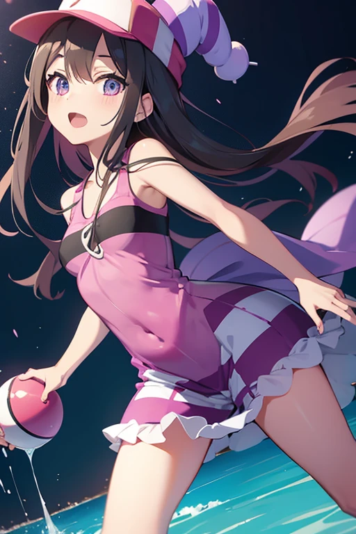 Purple slime pouring down、Striped Pokémon trainer holding a Pokéball
