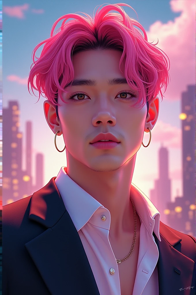 Make a kpop male idol with pink hair and very tall guy...and very handsom