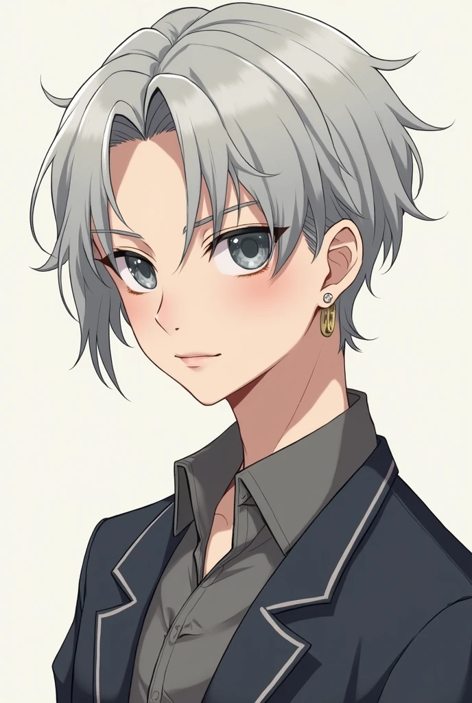 : "A young man japan with light gray hair styled in a 2:7 split, wearing earrings, with an oval face, high nose bridge, narrow, elongated eyes, and thin lips. Height 1.85m, broad shoulders, and a fit physique."