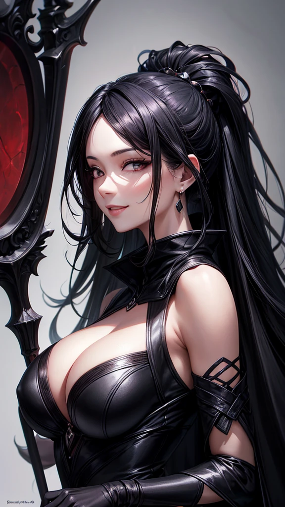 masterpiece, best quality, high resolution, closeup portrait, a female, black hair, grim reaper, black clothes, amazing composition, front view, HDR, ultra quality, elegant, highly detailed, mature woman, beautiful lady, smile