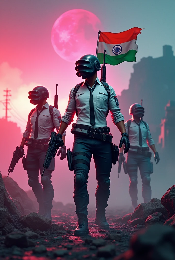 Pubg squad with indian flag cyberpunk pink , red , green, blue background with fog with gun and destroyed building sunset