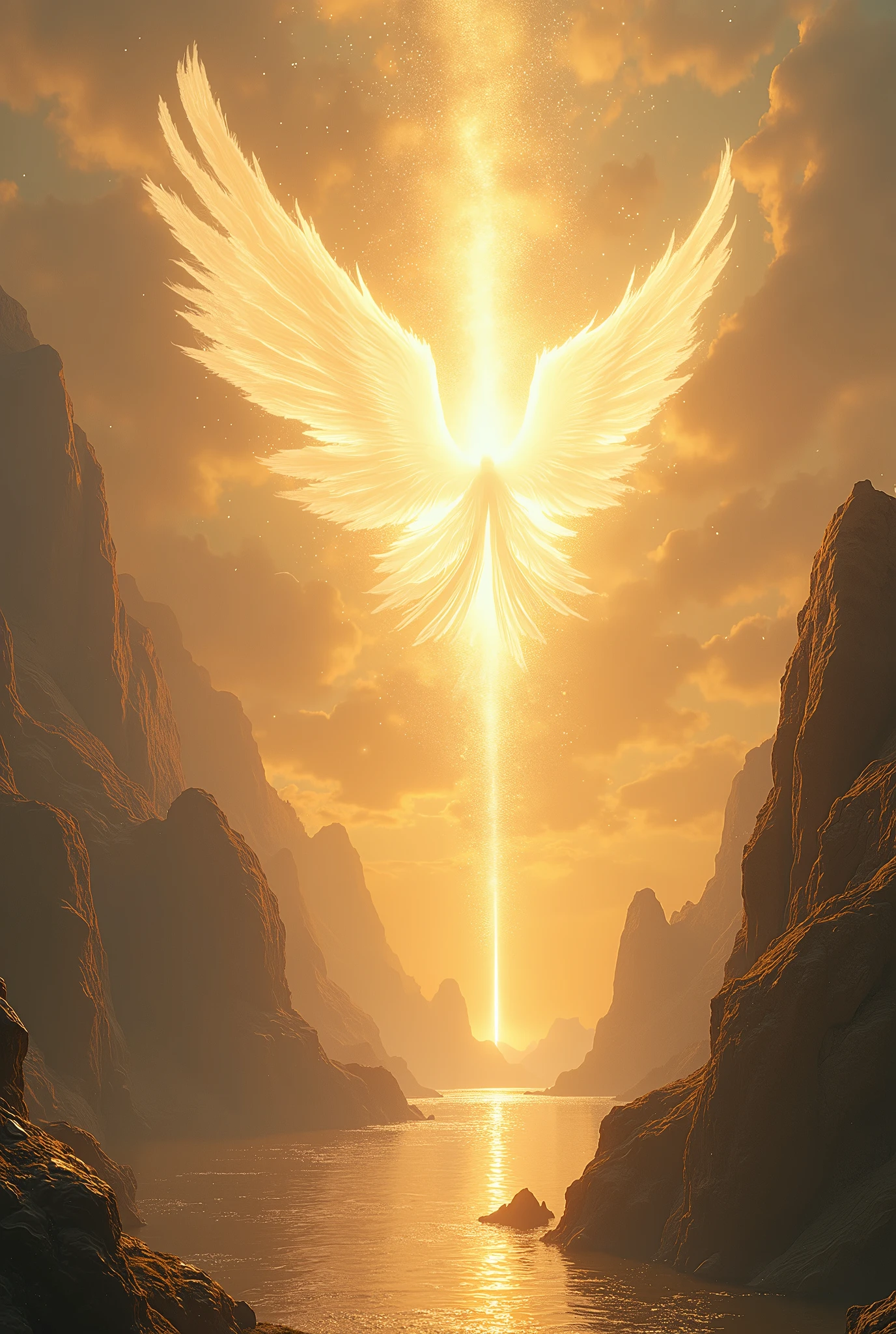 ((Fantastic)) ((sky landscape)) ((lights)) stele, heavenly, angels full of light, distant image, wings shining, emanating light, off white, golden, Streets of Gold, river of crystals, gem stones, distant humanoid figure, silhouette of a man of light, farthest clear daytime sky off white, +Ceu, river running in the middle of the holy city, great white throne, glorious White throne Much larger than the humanoid figure.