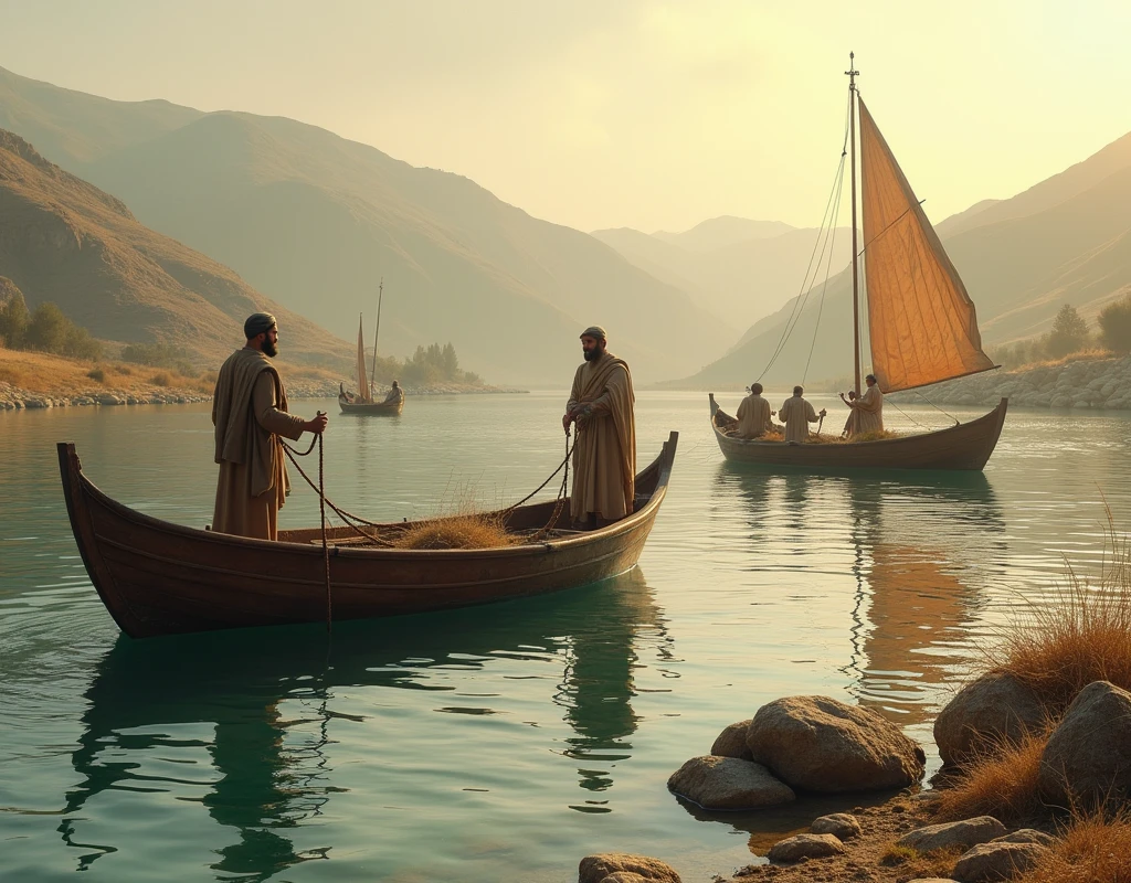 about AD 30 years, Fishermen fishing on the lake of Tiberius, two-man fishing boats are fishing with cast nets, A boat with four Jews,  1 mast , 1 sail ,evening, (Shorthand, Canon, 8k, Anatomically correct, Super Detail, Attention to detail, Your Highness)
