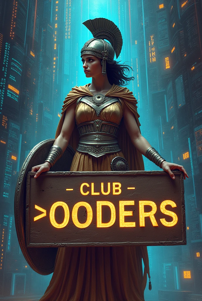 Athena Greek Goddess holding a sign that says "Club αC0ders" with a Computer Programming background