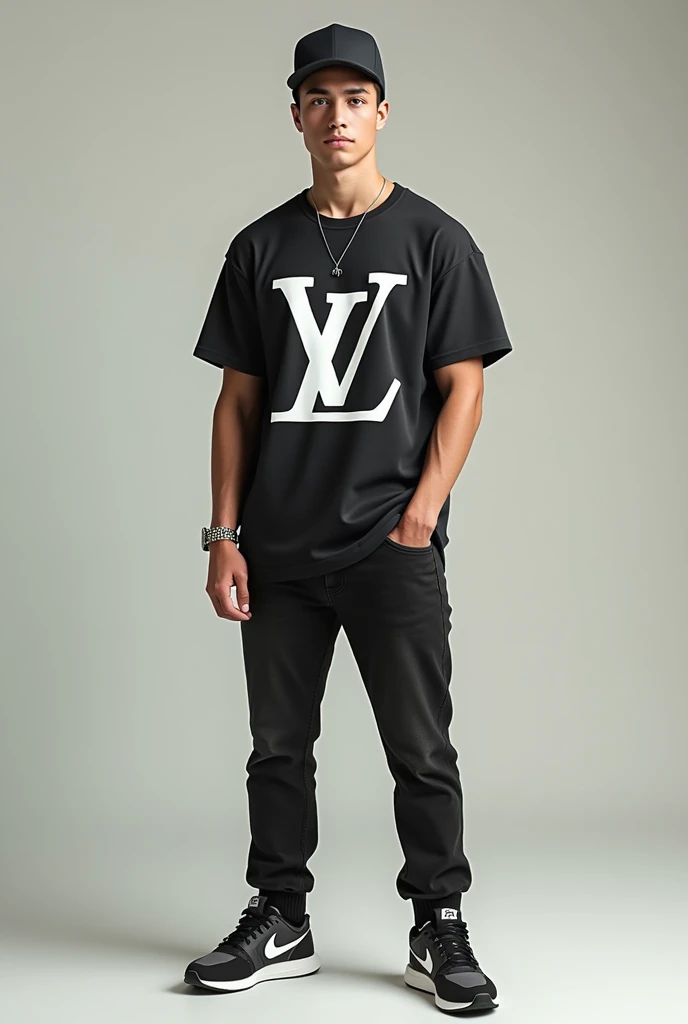 Realistic image of a young white man, light gray shirt from the Louis Vuitton brand with a melted effect logo, all white curved brim cap, black jeans and black Nike sneakers.