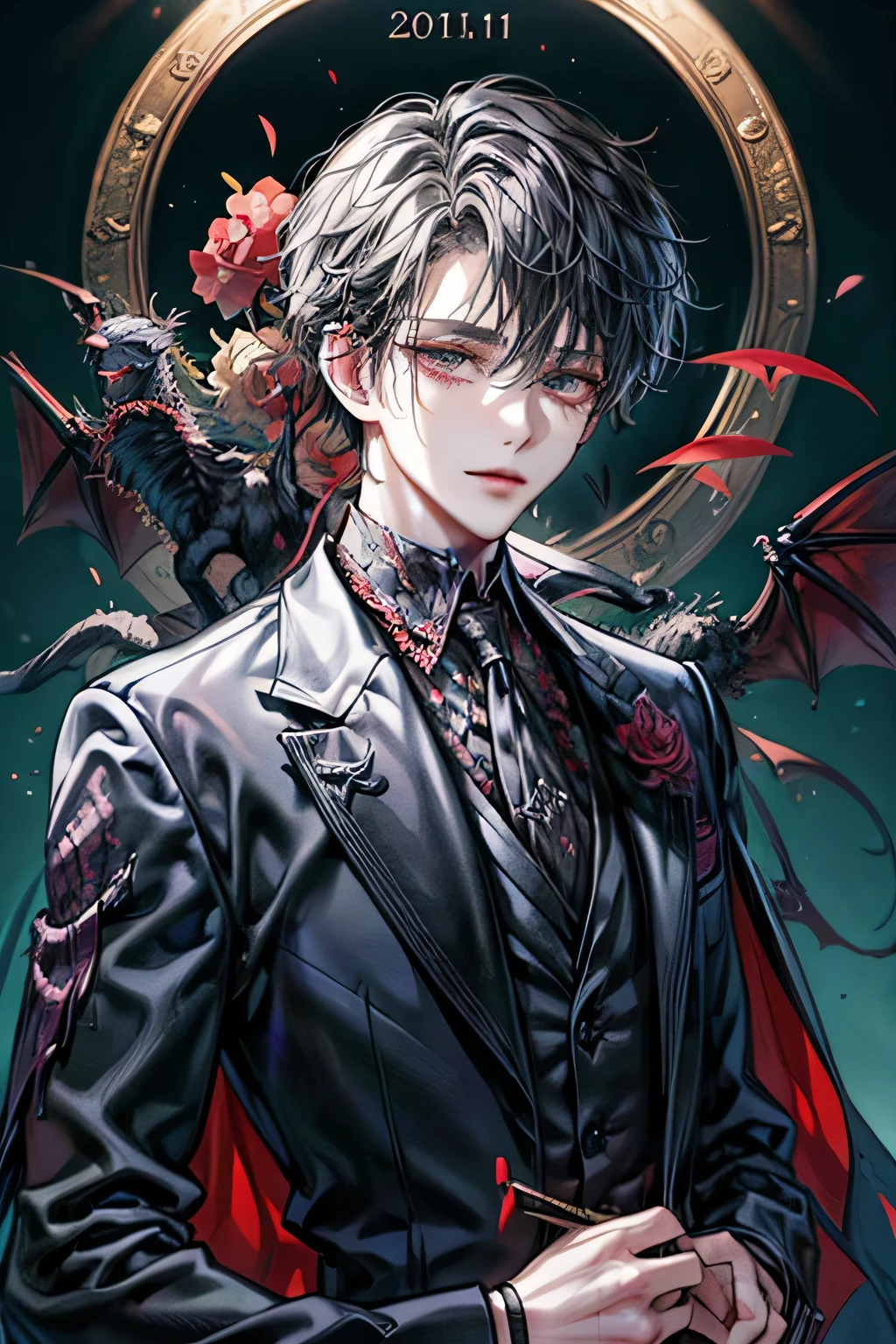 A man in a suit and tie,Close-up of man with skull pattern on tie, The handsome guy in Demon Slayer, Beautiful Shinigami, handsome Male vampires, Handsome Japanese demon boy, Hermaphroditic vampire, Neo-Gothic, Gothic aesthetics, Male vampires, author:Yang J, inspired by Yanjun Cheng, ominous Gothic aesthetics, Gothic aesthetics, Gothic art style, cai xukun