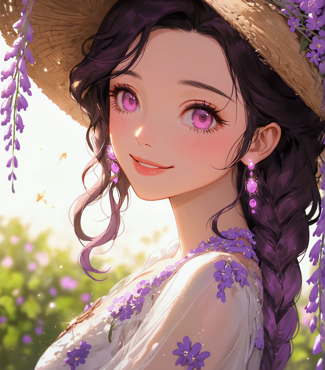 8k, sunny day, floral, happy, smiling, beautiful hat, ((light pink eyes)) embroidery, enchanted, fireflies, purple, wisteria, white-dress, day, beautiful aesthetic dress, sweet looking, midjourney, close-up, niji,
