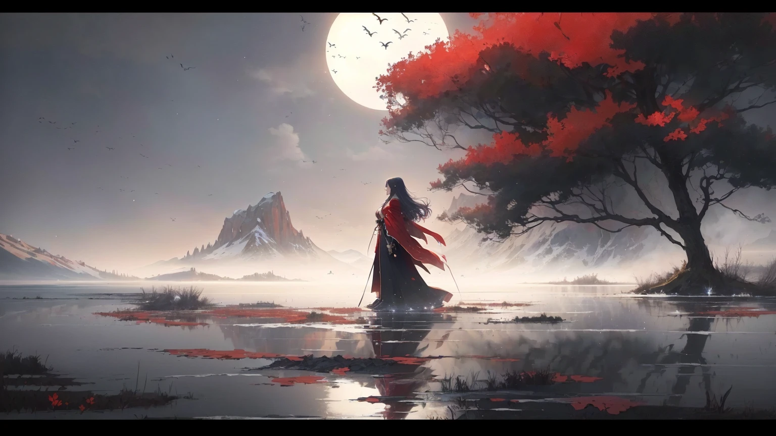 painting of a woman in a red cloak standing in a lake, anime art wallpaper 8 k, anime art wallpaper 4 k, anime art wallpaper 4k, anime style 4 k, a beautiful artwork illustration, 4k anime wallpaper, anime wallpaper 4k, anime wallpaper 4 k, by Yang J, beautiful anime artwork, anime beautiful peace scene, anime girl walking on water