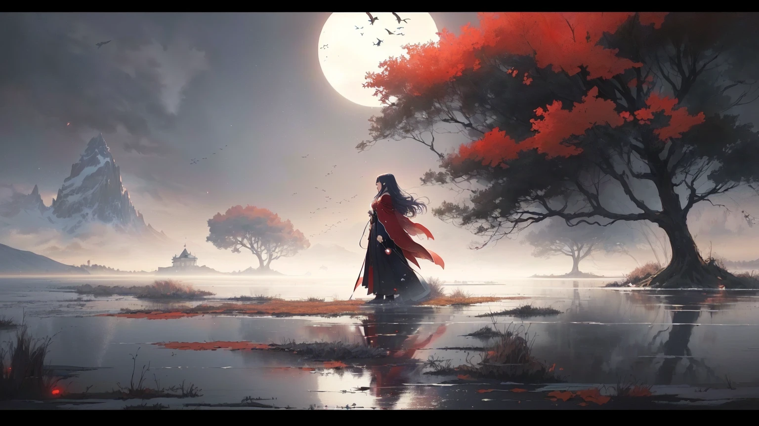 painting of a woman in a red cloak standing in a lake, anime art wallpaper 8 k, anime art wallpaper 4 k, anime art wallpaper 4k, anime style 4 k, a beautiful artwork illustration, 4k anime wallpaper, anime wallpaper 4k, anime wallpaper 4 k, by Yang J, beautiful anime artwork, anime beautiful peace scene, anime girl walking on water