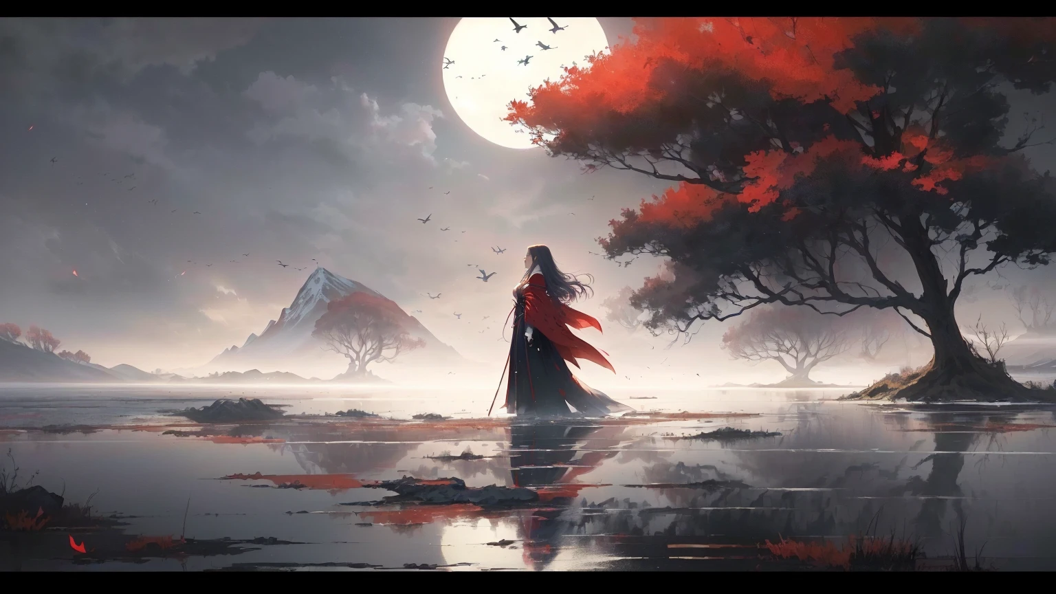 painting of a woman in a red cloak standing in a lake, anime art wallpaper 8 k, anime art wallpaper 4 k, anime art wallpaper 4k, anime style 4 k, a beautiful artwork illustration, 4k anime wallpaper, anime wallpaper 4k, anime wallpaper 4 k, by Yang J, beautiful anime artwork, anime beautiful peace scene, anime girl walking on water