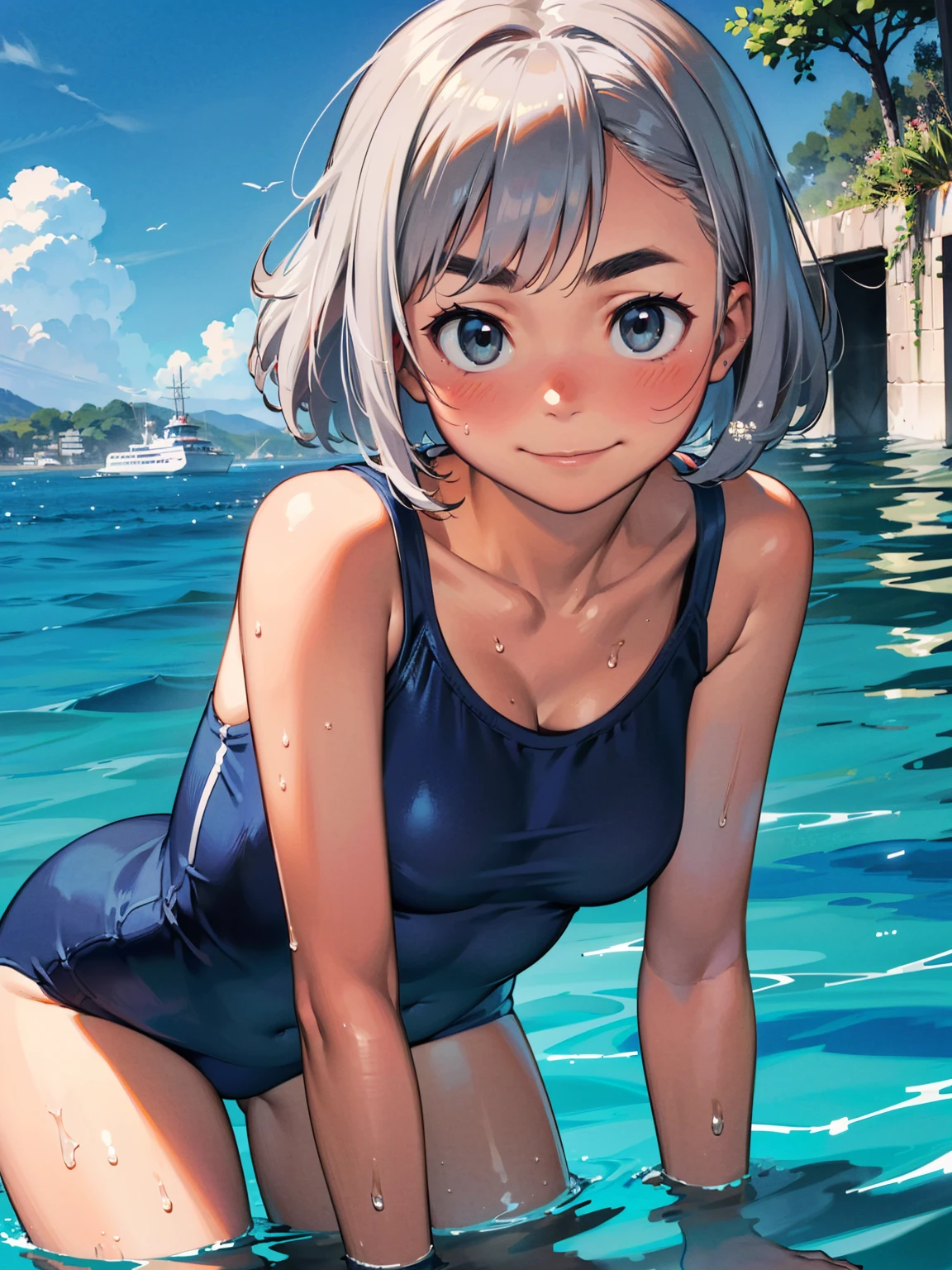 (8K、Best image quality、Highest quality、masterpiece)、Sunburned skin，Brown Skin，5 ，Detailed face、1 Girl、blonde、Red eyes、Earrings、smile、Small breasts、One piece swimsuit、Underarm、Cowboy Shot、blue sky、storehouse，Red School Bag，naked，全naked，