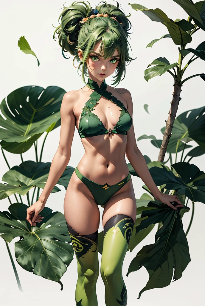  young plant girl with a lightly tanned skin tone, a serious glare, flowered ponytails, leaf green hair, deep green starry Eyes, b-cup, lithe, fit, tribal attire full-body, green Footless tights with leafy design