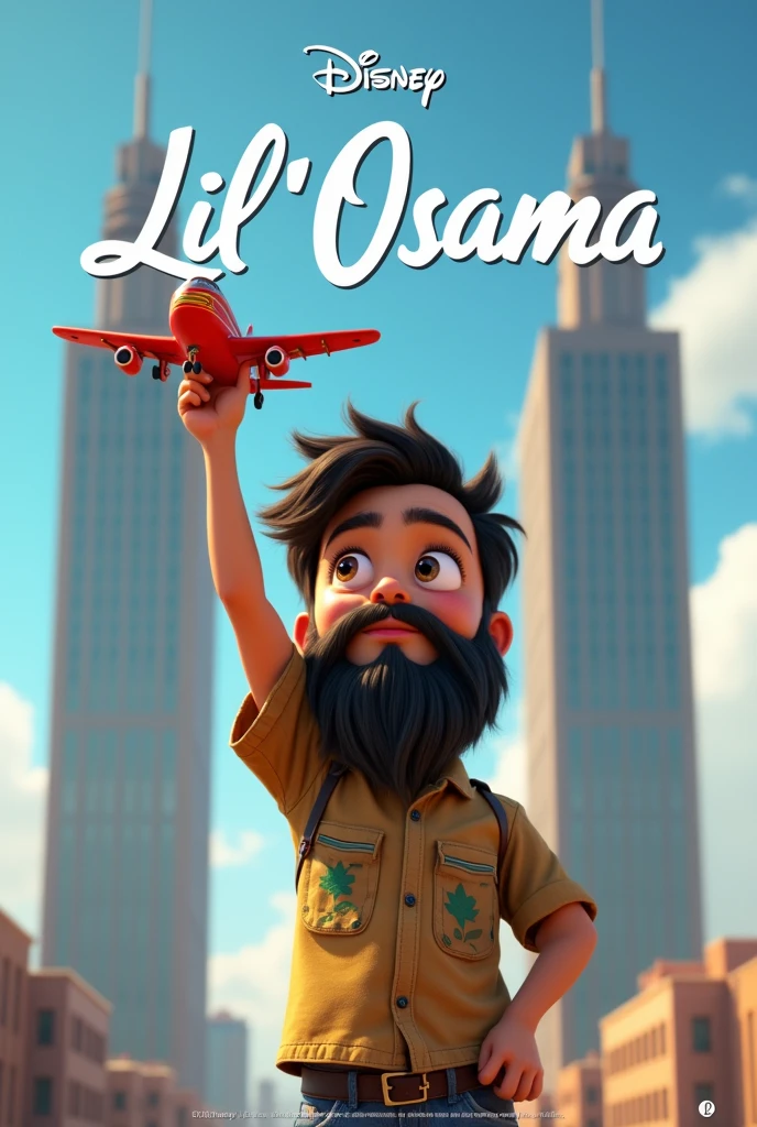 A Disney pixar movie poster, featuring a young boy with a very long ZZtop beard, holding a toy airplane with one hand in the air, two identical flat-roofed business towers in the background, the movie title at the top says "Lil' Osama", text at the bottom saying "in theaters  this spring", Disney pixar logo above title, actor names and studios details at the bottom, highly detailed, best quality, 4k