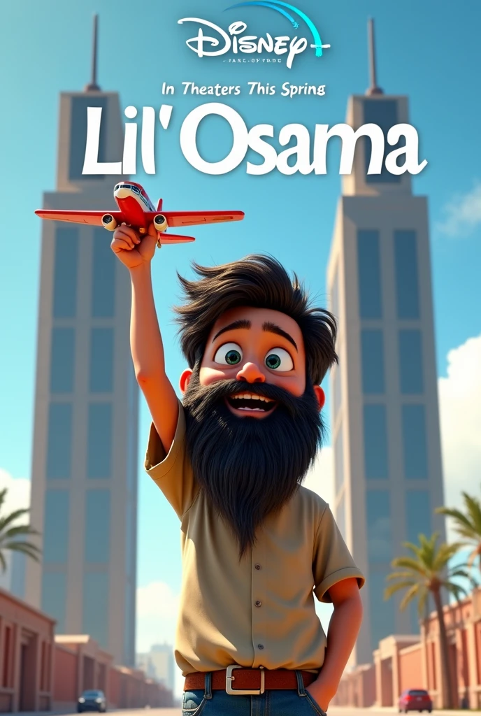A Disney pixar movie poster, featuring a young boy with a very long ZZtop beard, holding a toy airplane with one hand in the air, two identical flat-roofed business towers in the background, the movie title at the top says "Lil' Osama", text at the bottom saying "in theaters  this spring", Disney pixar logo above title, actor names and studios details at the bottom, highly detailed, best quality, 4k
