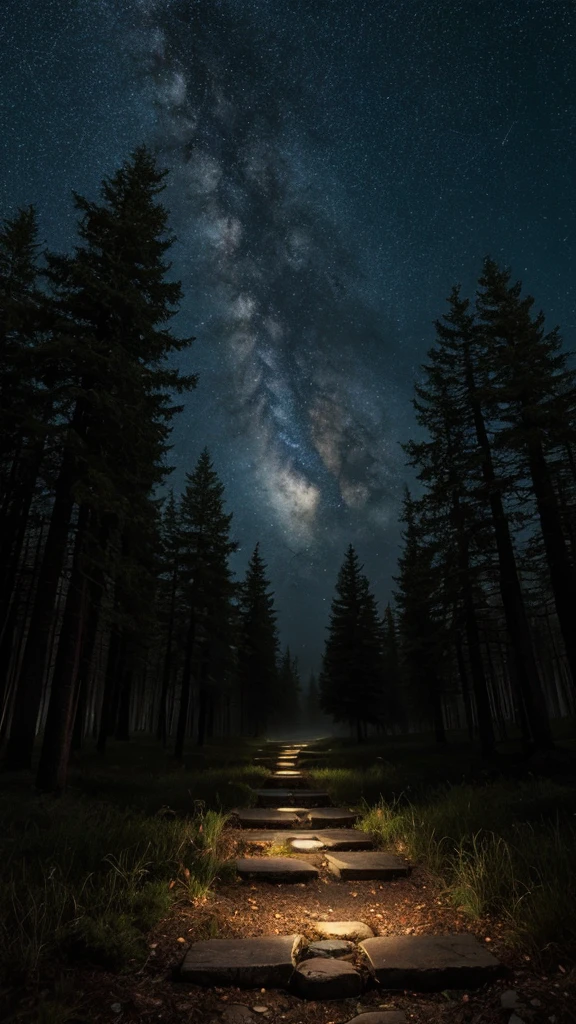 A vertical image sized 1080x1920 pixels, divided into four equal sections arranged as two images on top and two on the bottom. Each section should display a different mystical path in a dark forest under a starry sky. The paths include one lit by an old lantern, one shrouded in mist, one illuminated by bright moonlight, and one glowing with falling stars. The paths should be evenly spaced and clearly separated, with each occupying an equal portion of the image, creating a balanced and harmonious