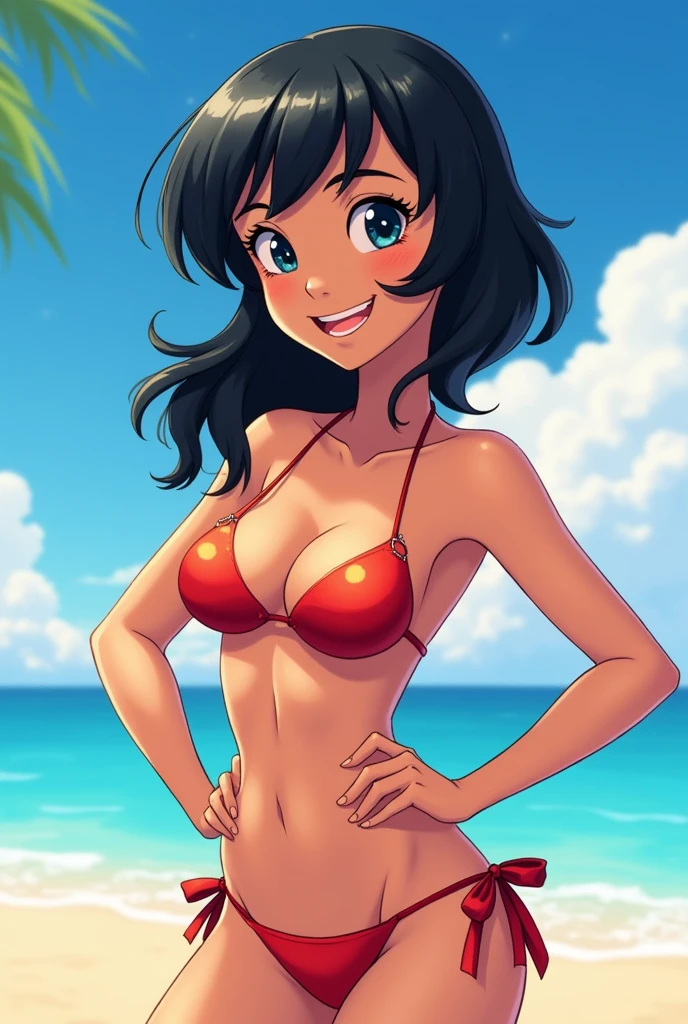Ralph Bakshi Style, curvy, (blue_eyes), (long wavy black hair), (medium hanging breasts), (extreme nsfw):3.0, (pubic_stubble):4.0, tropical beach
