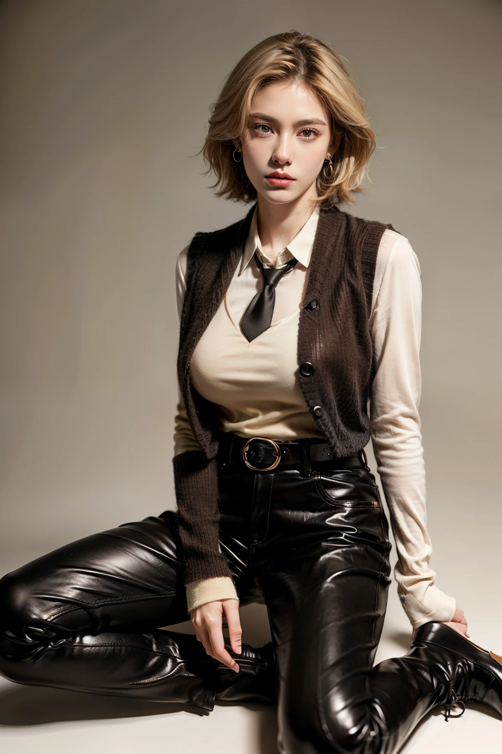 (RAW shooting, Photoreal:1.5, 8k, highest quality, masterpiece, ultra high resolution), perfect dynamic composition:1.2, Highly detailed skin and facial textures:1.2,beautiful and aesthetic:1.2, full body, Fair skin, (large breast:1.4), (perfect limbs:1.2), (perfect fingers:1.2),(caucasian,1girl,earrings,makeup, tall,short blonde hair,brown vest,tight white shirt,long sleeves,long necktie,fingerless gloves,belt,tight black long pants,perfect thigh,black ankle boots),(simple background:1),