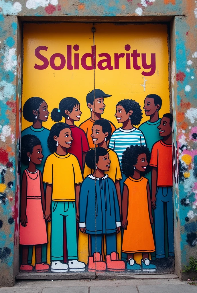 A mural on the theme of solidarity with very simple representative drawings and at the top the word solidarity, the whole mural in the most street style possible., remember very very simple and easy drawings