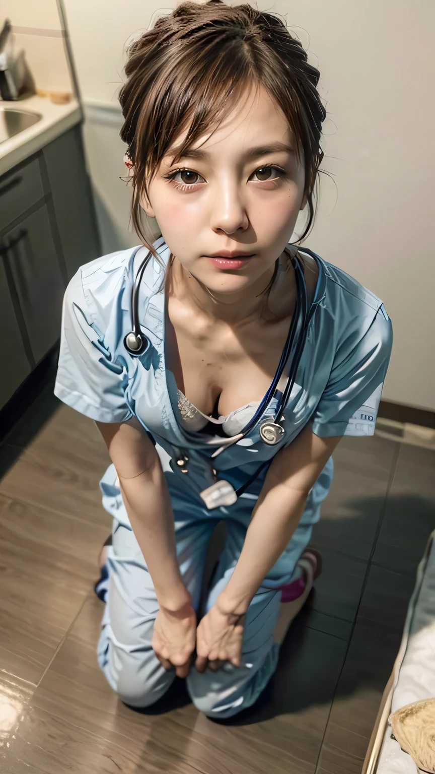 A nurse woman leaning forward to peer at a patient in a hospital、(Realistic、Like a photograph、Live Action、Realistic, RAW Photos, Best image quality: 1.4), Single-lens reflex camera、RAW Photos, Highest quality, Realistic, Very detailed CG Unity 8K wallpaper, Written boundary depth, Cinematic Light, Lens flare, Ray Tracing, Realistic background、hospital:1.4、(nurse:1.4、(Medical scrub:1.5)、Small breasts、Cleavage)、((Ultra-dense skin))、 woman,Cute Japanese nurse、((Leaning forward、Kneel、((whole body:1.5))、inspection:1.1、Serious expression))、short hair:1.2、tie your hair with a hair clip、I like that style、stylish、Very detailed、Pay attention to the details、Perfect outfit、(White skin)、View from above、Anatomically correct body、Precise fingering、Accurate Arm、Accurate feet、Very detailedな顔