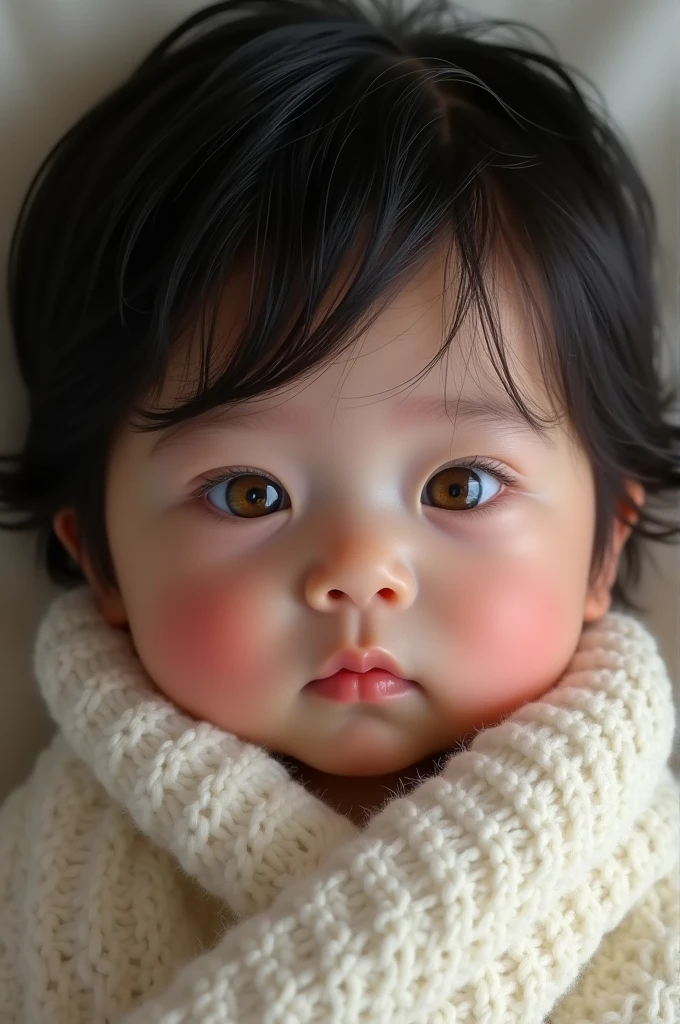 baby of unparalleled beauty. Her ebony-black hair fell softly over her forehead., Framing an angelic face. Her alabaster-white skin glowed with ethereal softness., and her rosy cheeks like rose petals gave her a touch of innocence and purity.

But what really made this baby stand out were his eyes.. Two golden jewels that shone with their own light, as if they were two small suns that illuminated the world