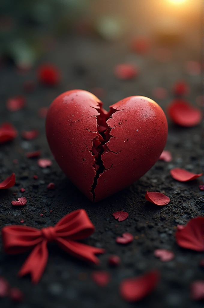 image of a broken heart with an untied bow, surrounded by withered petals, representing the fragility of love. the background is dark, with a slight golden glow on the horizon, symbolizing the hope of a new beginning.