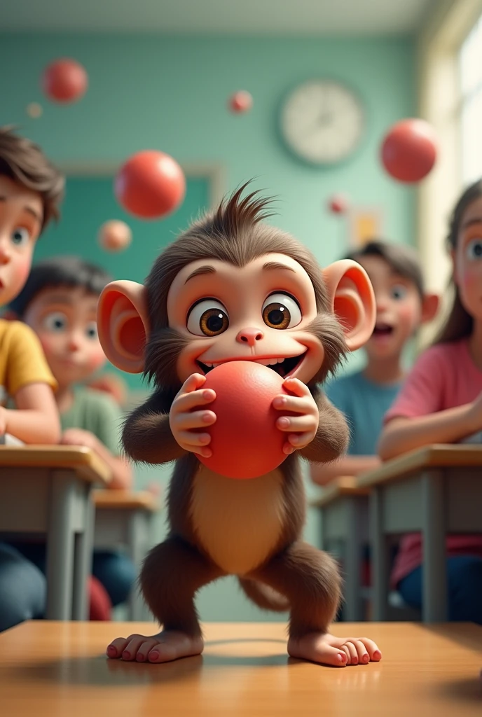 A monkey is throwing a ball at people in the classroom.