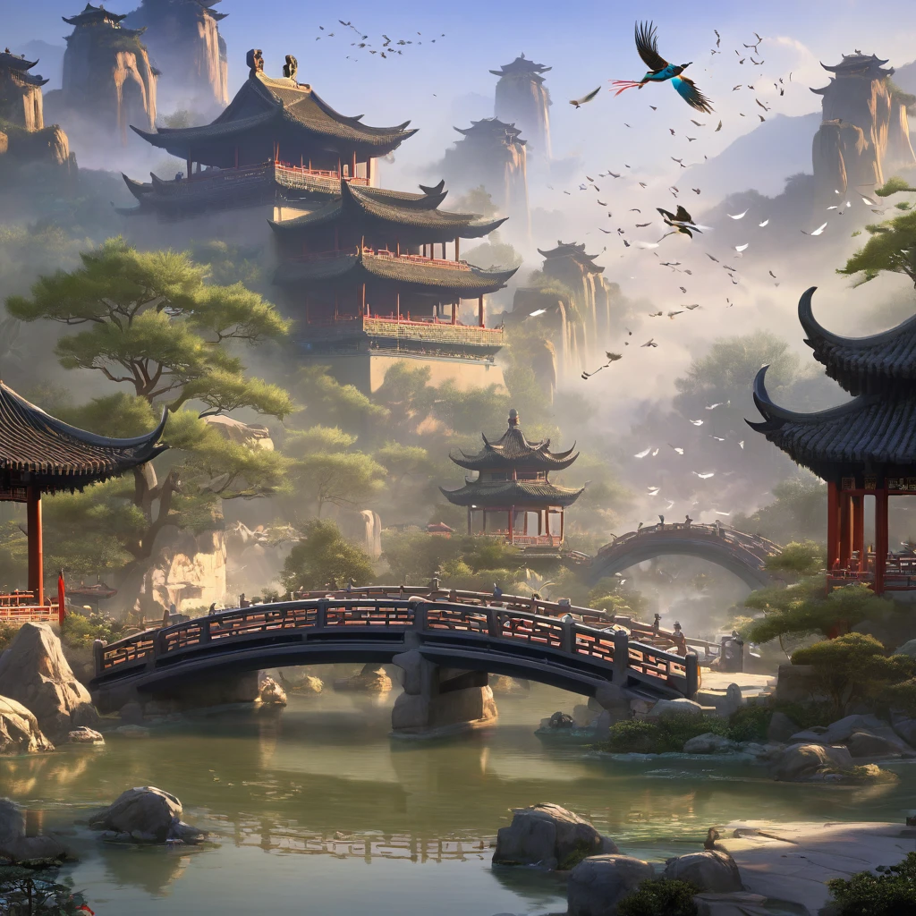 Zhou Dynasty, Chinese Garden，garden, masterpiece, full-body shot, bridge, Chinese pavilions, Spectacular bird&#39;s eye view，Aerial View