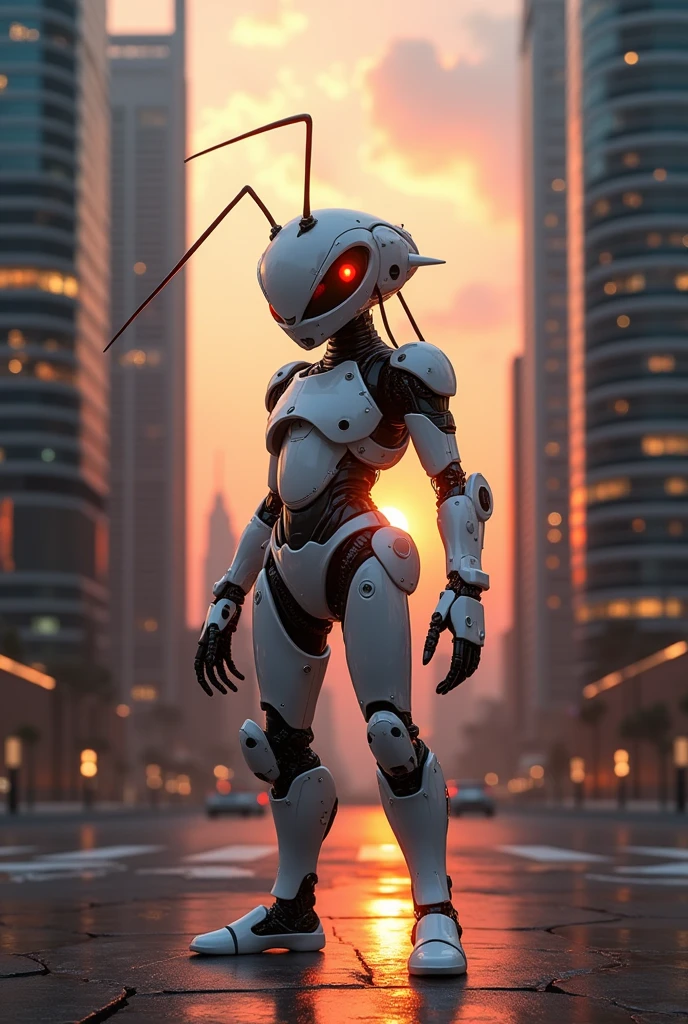 Fire ant in white glossy cyborg costume standing between sky scrapers at sunset