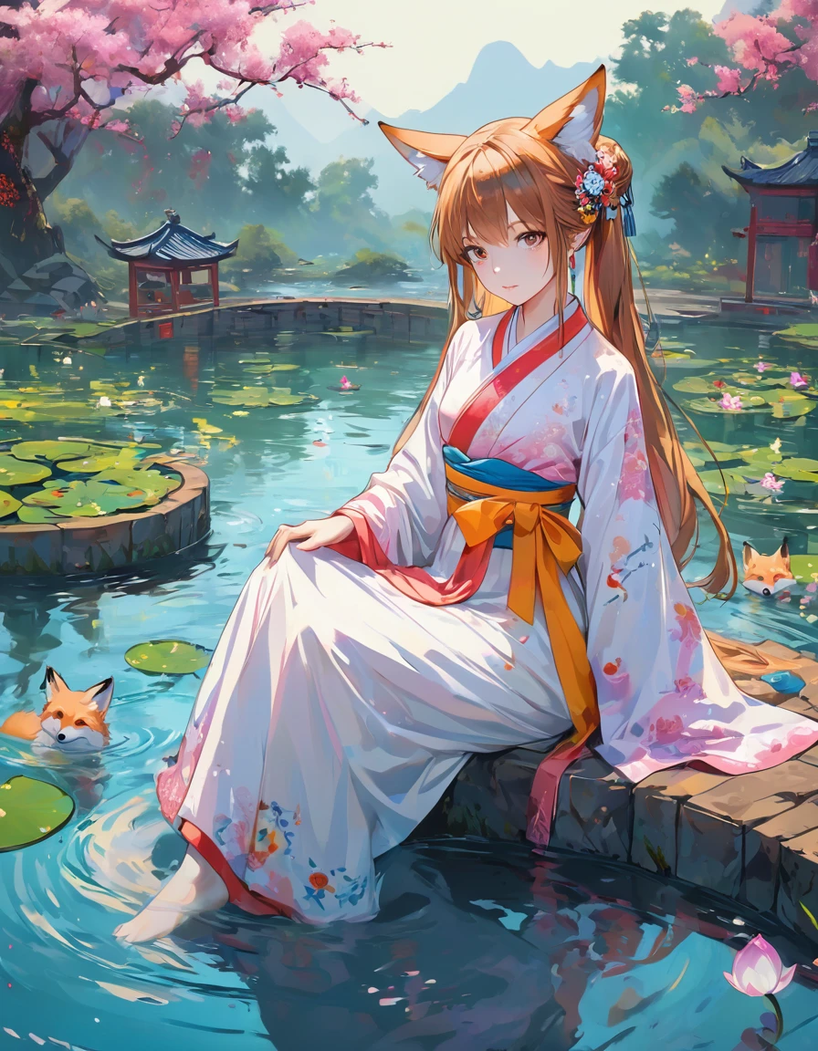 (Highest quality:1.2), Beautiful lo-fi minimalist vibe, Cute absurd, , in the style of unreal engine 5 art style, Glitter, Oil painting style art high resolution, Extremely detailed, (1 Girl:1.3), Hand Painted, Simple lines, wearing colorful Chinese Hanfu, Sexy fox ears girl, By the lotus pond, masterpiece, sitting in water, Floating clothes, Flowing hairLight bokeh, (best quality,4k,8k,highres,masterpiece:1.2),ultra-detailed,(realistic,photorealistic,photo-r