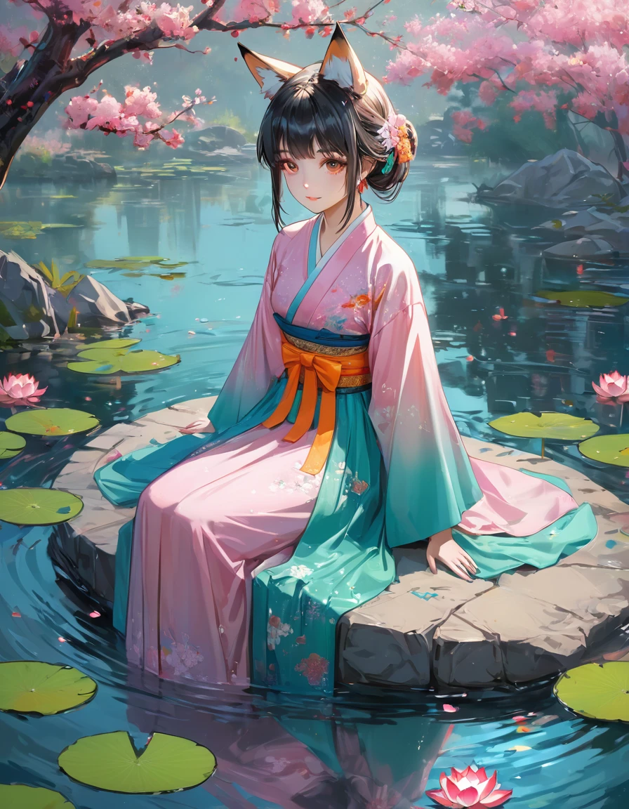 (Highest quality:1.2), Beautiful lo-fi minimalist vibe, Cute absurd, , in the style of unreal engine 5 art style, Glitter, Oil painting style art high resolution, Extremely detailed, (1 Girl:1.3), Hand Painted, Simple lines, 16-year-old girl wearing colorful Chinese Hanfu, Sexy fox ears girl, By the lotus pond, masterpiece, sitting in water, Floating clothes, Flowing hairLight bokeh, (best quality,4k,8k,highres,masterpiece:1.2),ultra-detailed,(realistic,photorealistic,photo-r
